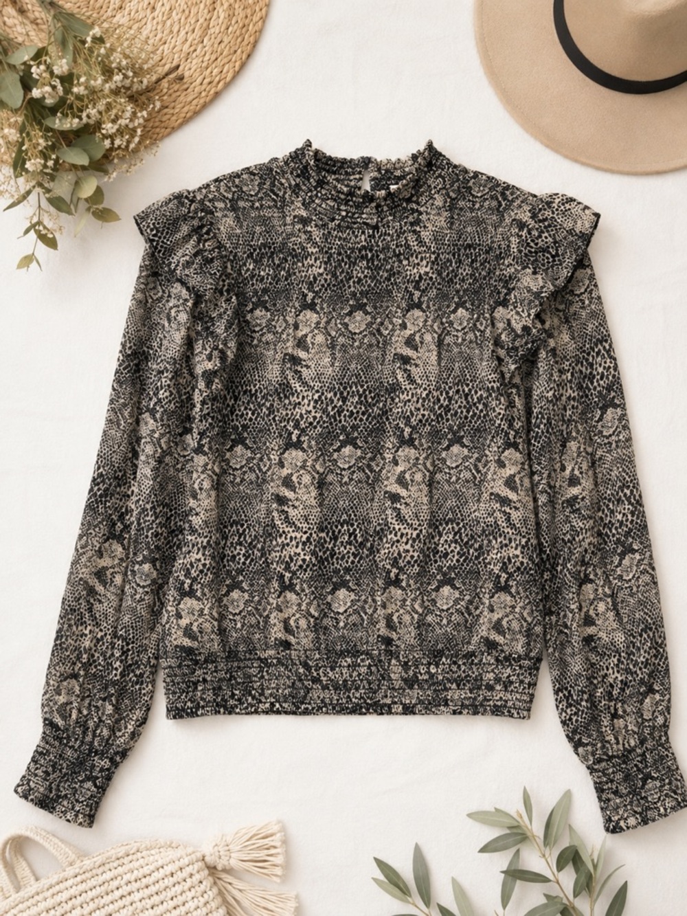 Free People Roma Snake Print Blouse Size L 100% Viscose Smocked High Neck